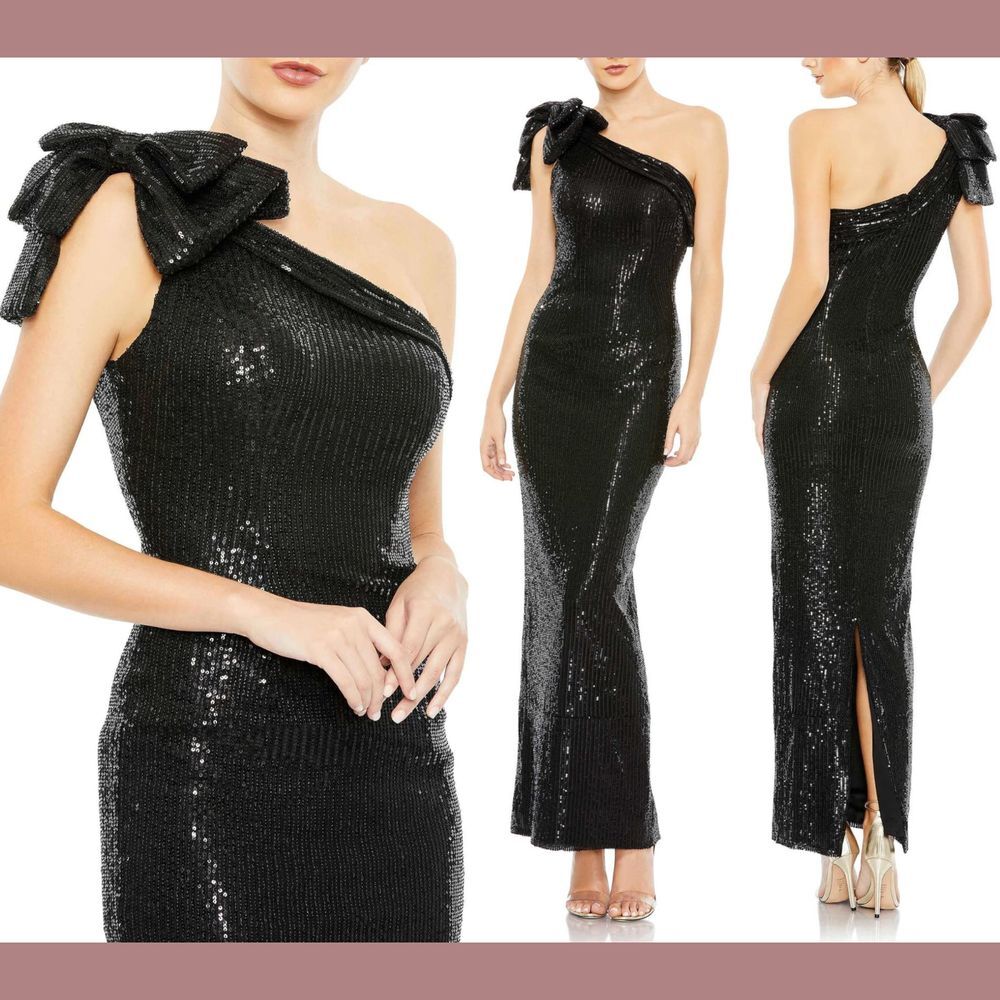 NWT $398 IEENA Mac Duggal [ 20 ] Sequined‎ Bow One Shoulder Column Gown #S989